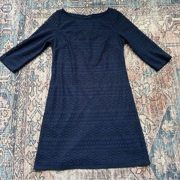 Jessica Howard Lace Overlay 3/4 Sleeve Elegant Navy Lace Sheath Dress Size 8 - Picture 6 of 11